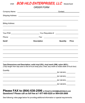 Bob Hild Enterprises Order Form for Tarps, Tarpaulins